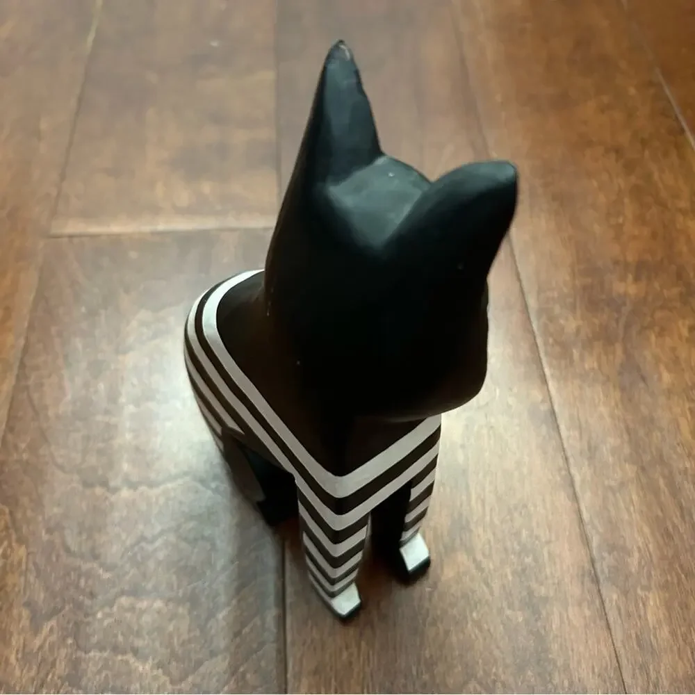 Laurel Burch Style Vintage Pair of Striped Black and White Cat Wooden Figurines